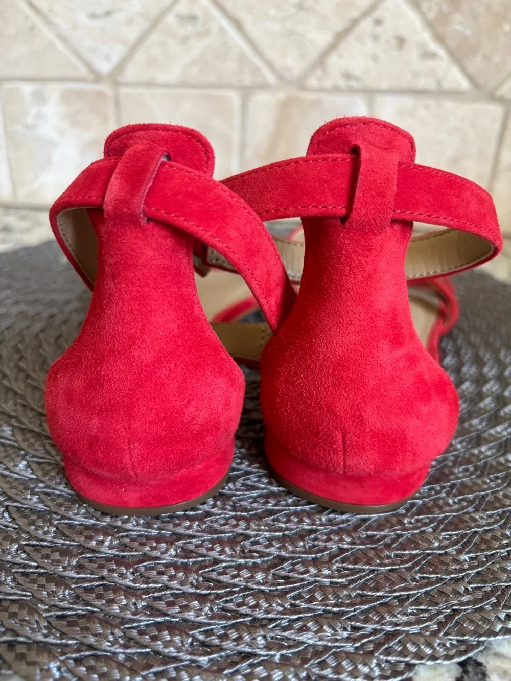 New!!! Karmin Red Suede Ankle Strap Flat Sandals 6